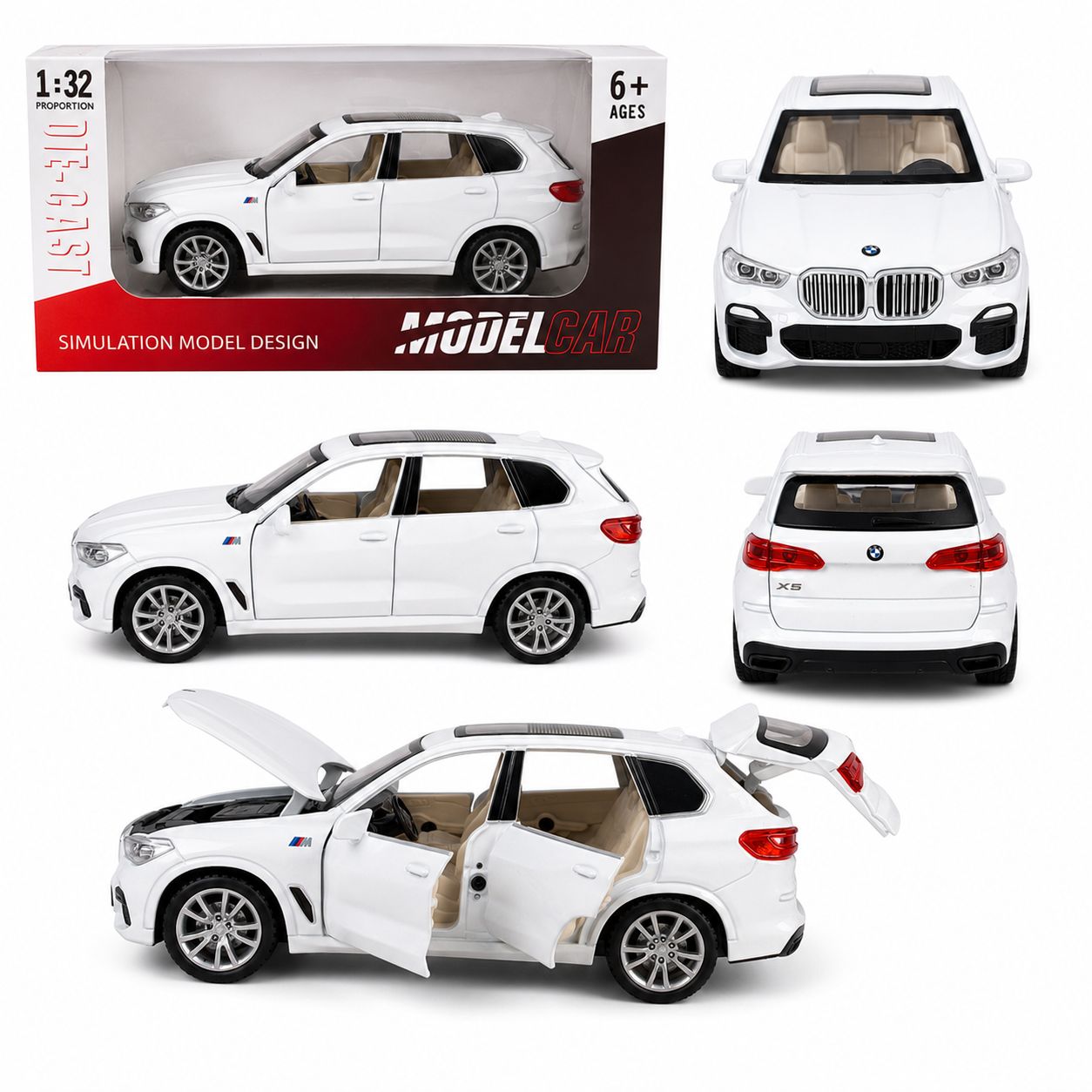 1:32 Die-Cast BMW X5 Model Car – White Luxury SUV with Opening Parts