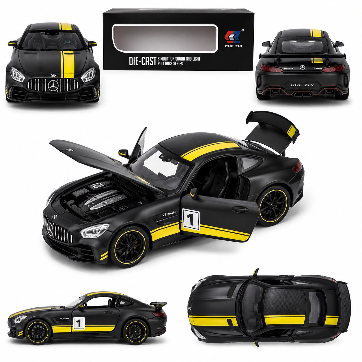 Mercedes-AMG GT V8 Turbo Racing Edition (Matte Black/Yellow) 1:24 Die-Cast Model