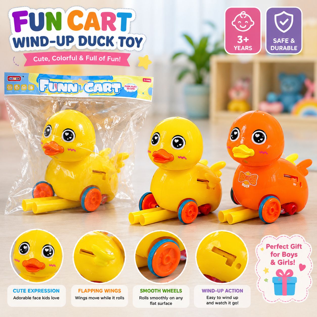 Fun Cart Wind-Up Duck Toy (Yellow & Orange Assorted)