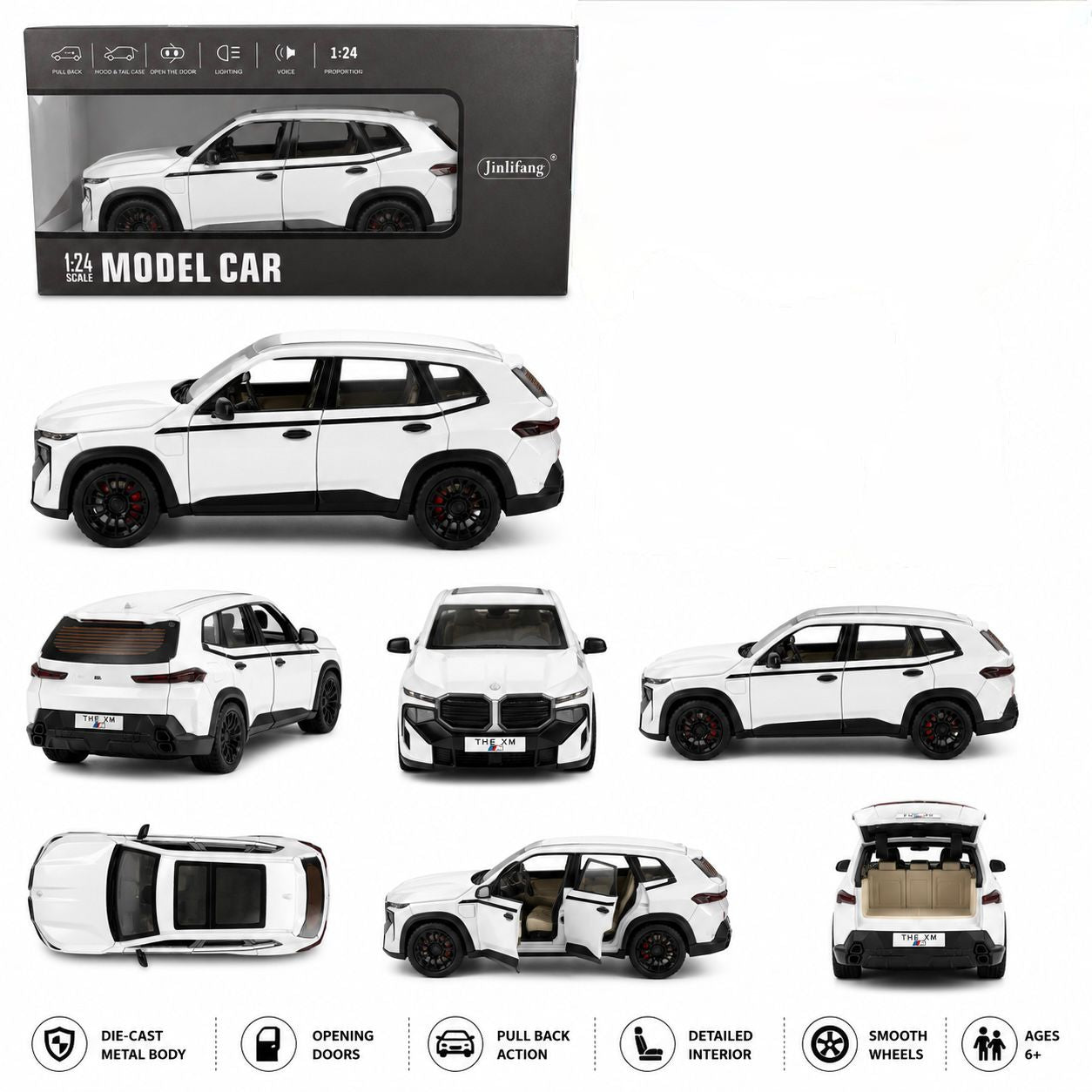 1:24 Die-Cast BMW XM Model Car – White Luxury SUV with Light, Sound & Opening Parts