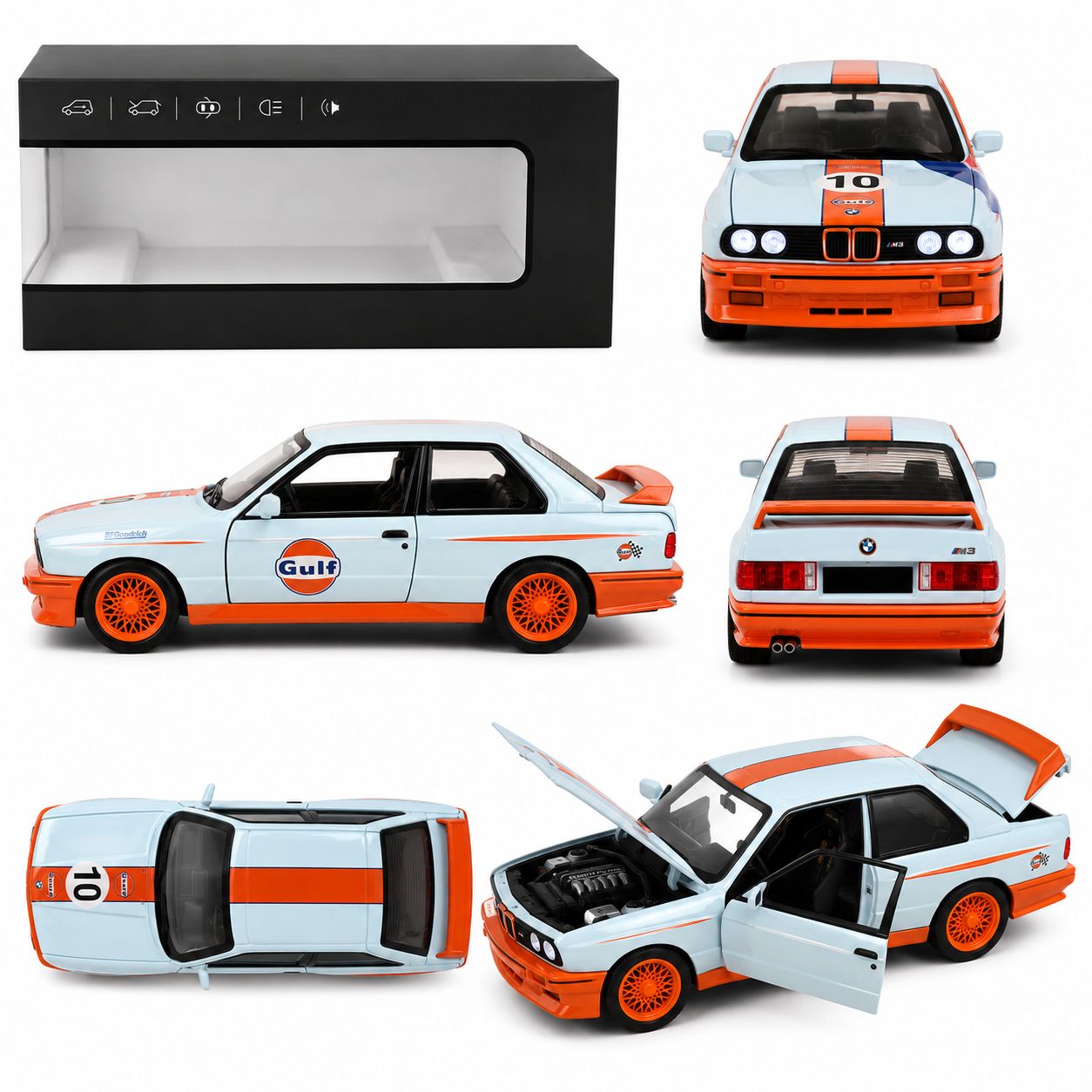 1:24 BMW M3 E30 Gulf Racing Die-Cast Model Car with Lights & Sound