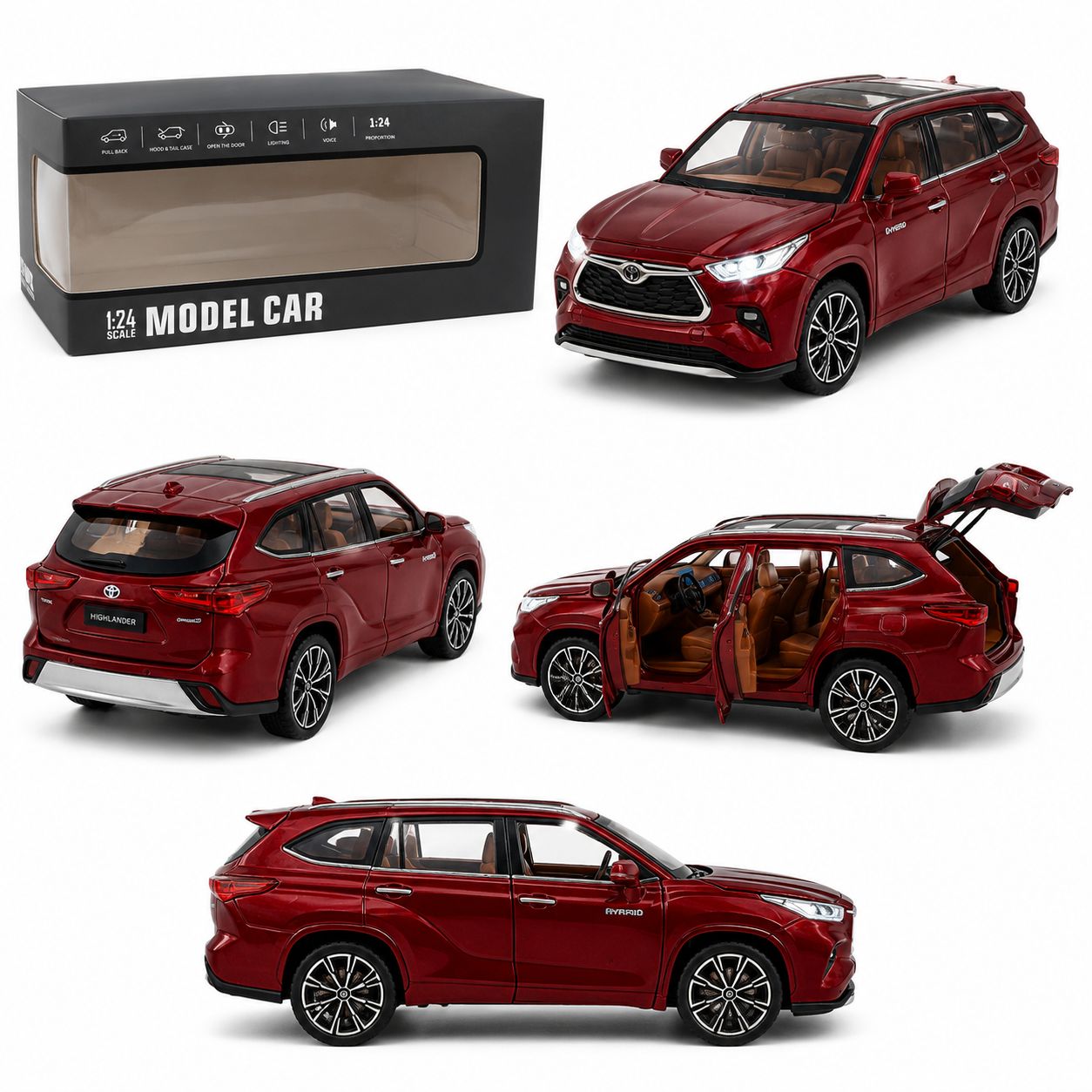 1:24 Die-Cast Toyota Highlander Hybrid SUV Model Car – Red Edition