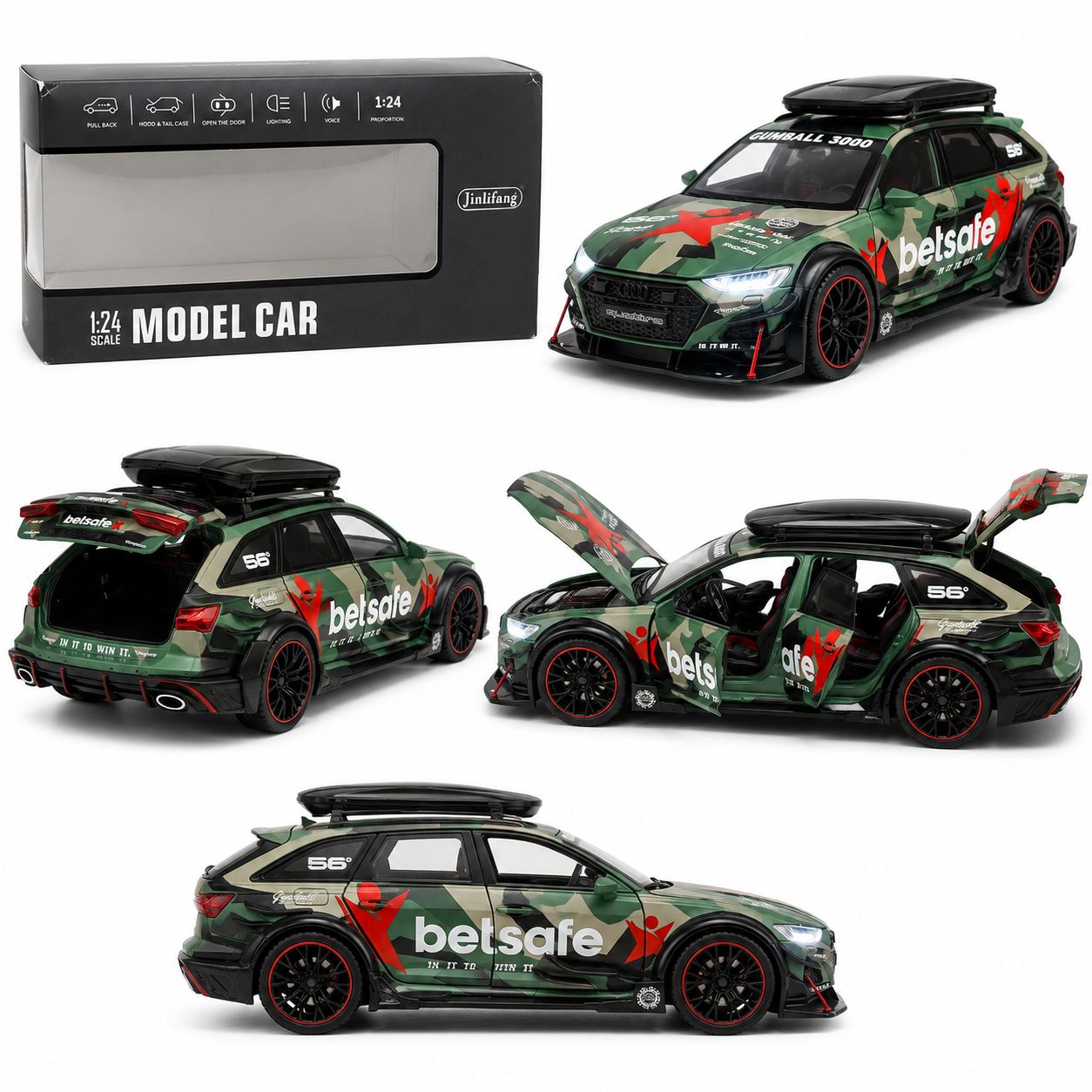 1:24 Camouflage audi rs6 Die-Cast Model Car with Lights, Sounds & Opening Parts