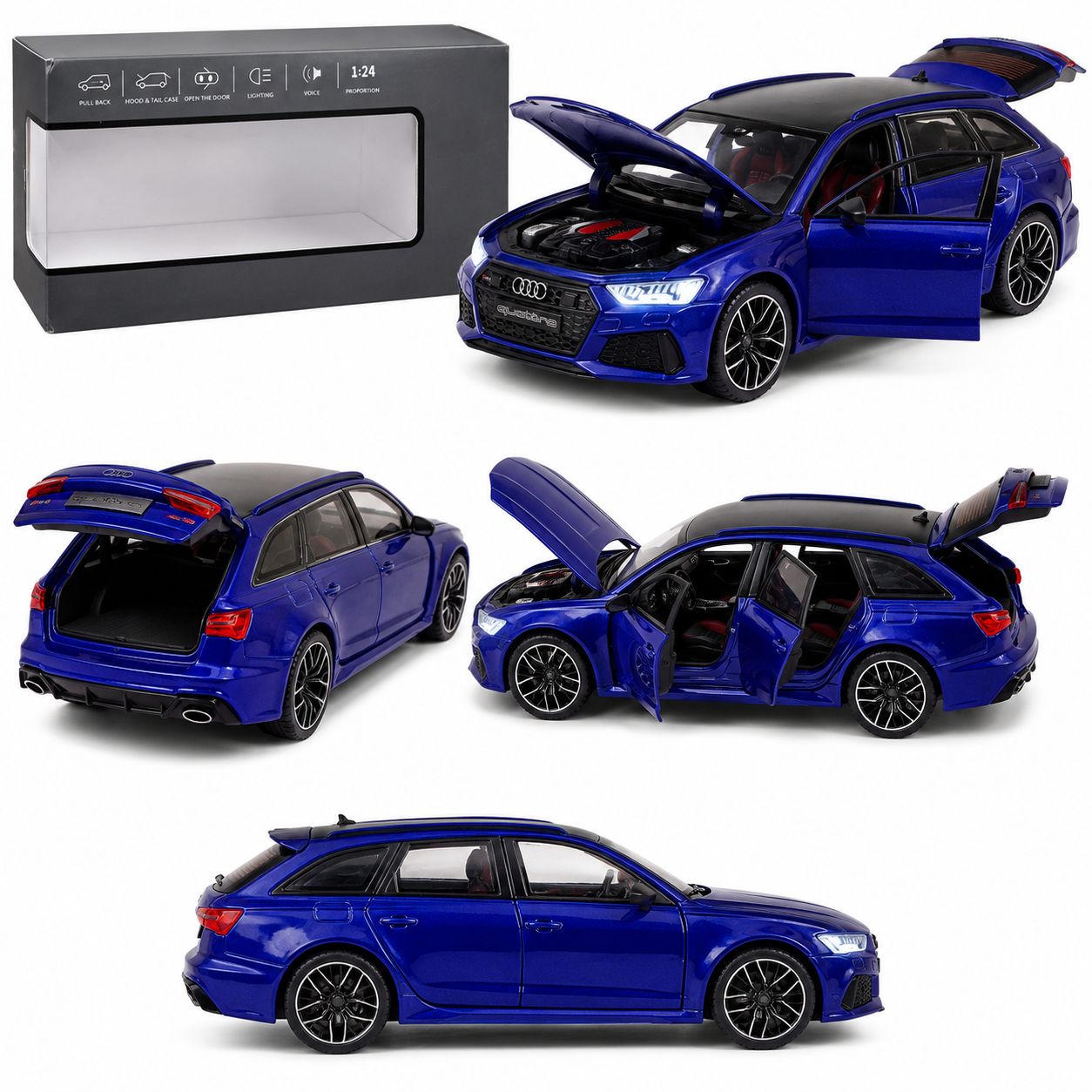 1:24 Audi RS6 Avant Die-Cast Model Car – Blue Edition with Roof Box