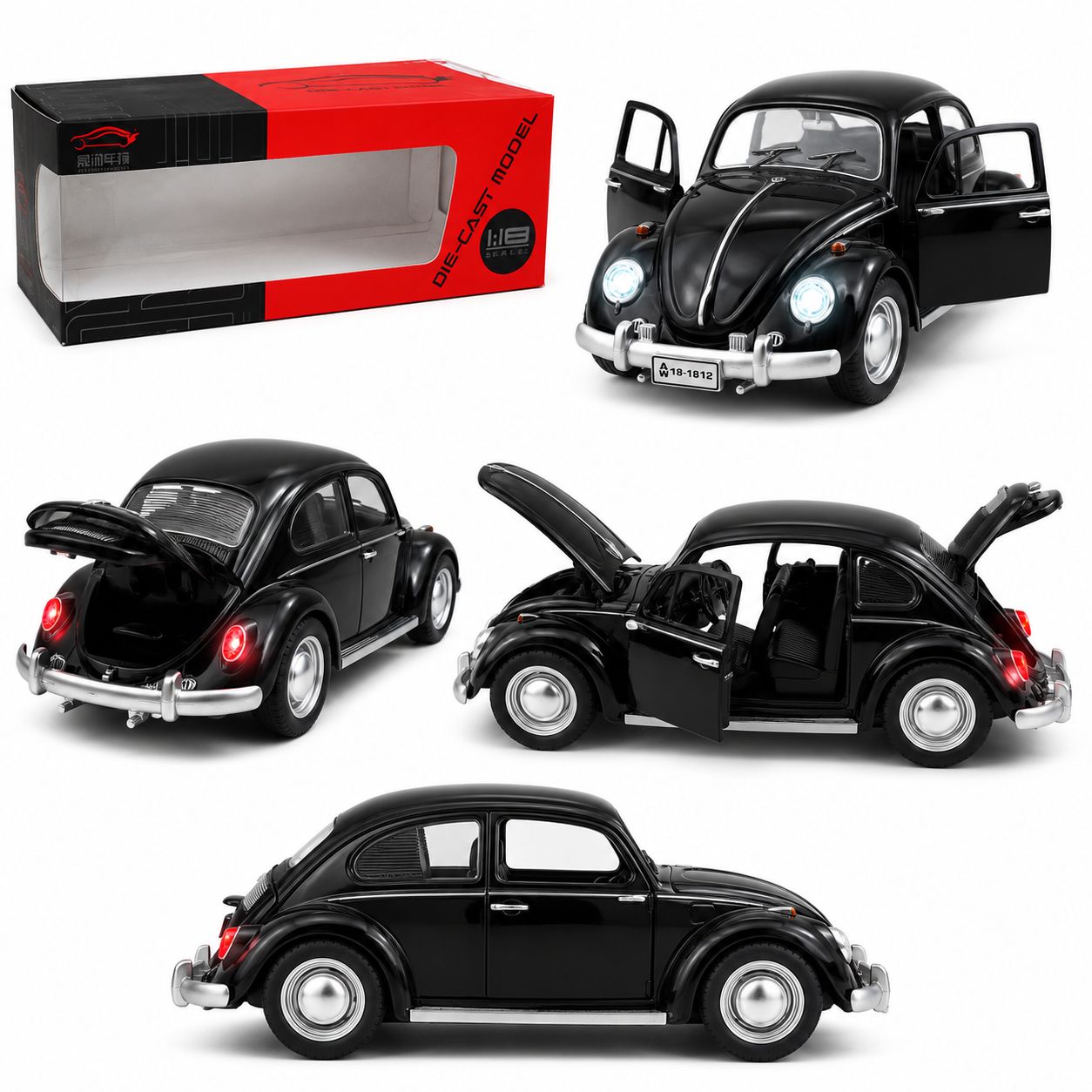 Classic Black Volkswagen Beetle 1:18 Die-Cast Model Car with Lights & Opening Parts