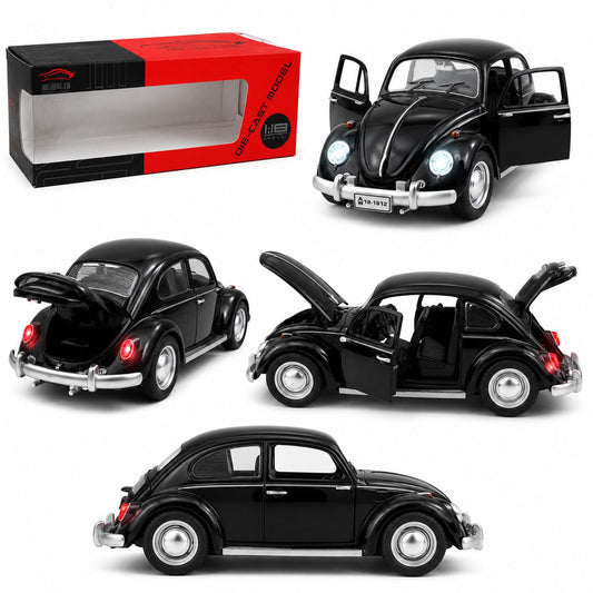 Classic Black Volkswagen Beetle 1:18 Die-Cast Model Car with Lights & Opening Parts