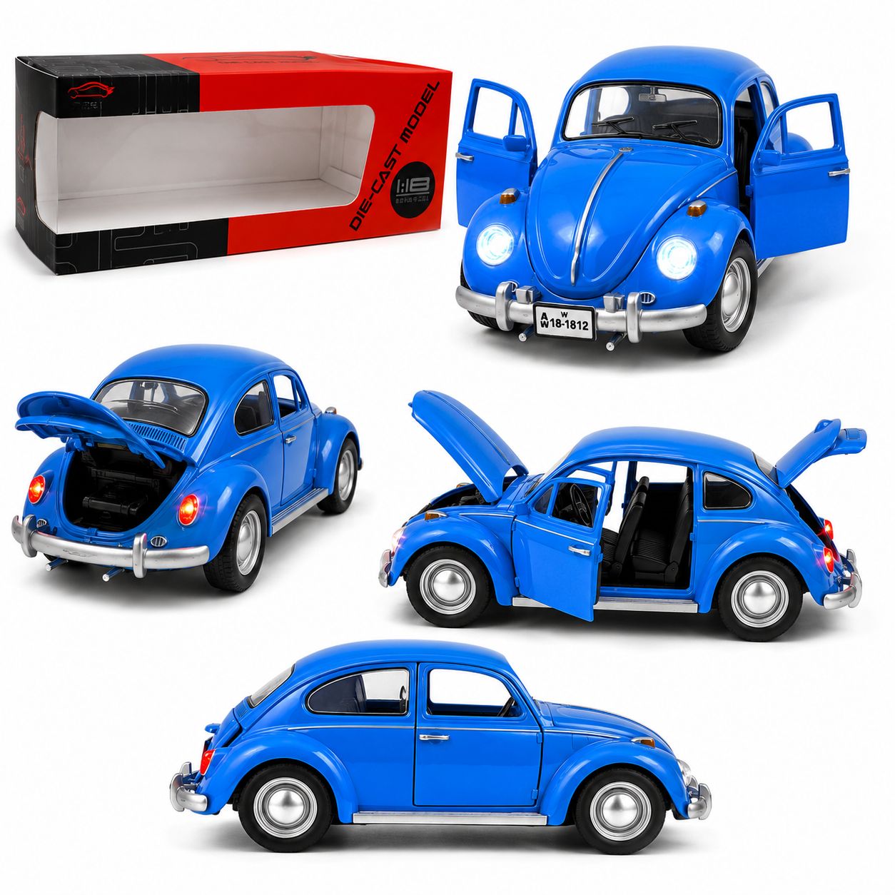 Classic Blue Volkswagen Beetle 1:18 Die-Cast Model Car with Lights & Opening Parts