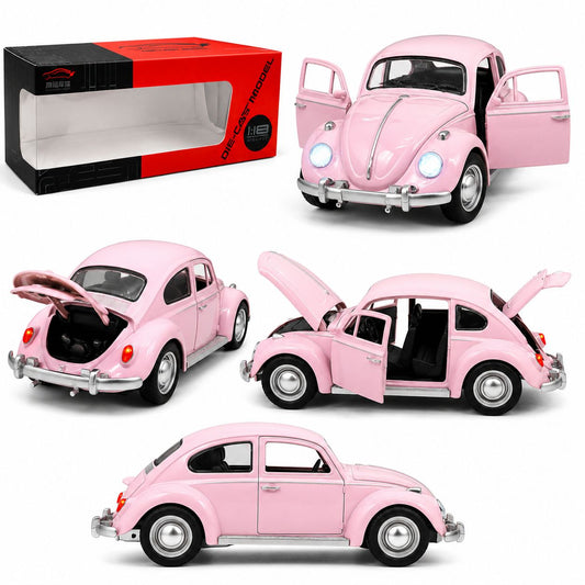 Classic Pink Volkswagen Beetle 1:18 Die-Cast Model Car with Lights & Opening Parts