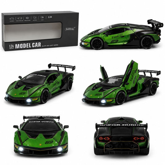 1:24 Die-Cast Racing Supercar Lamborghini Model – Metallic Green Edition with Lights, Sound & Opening Parts