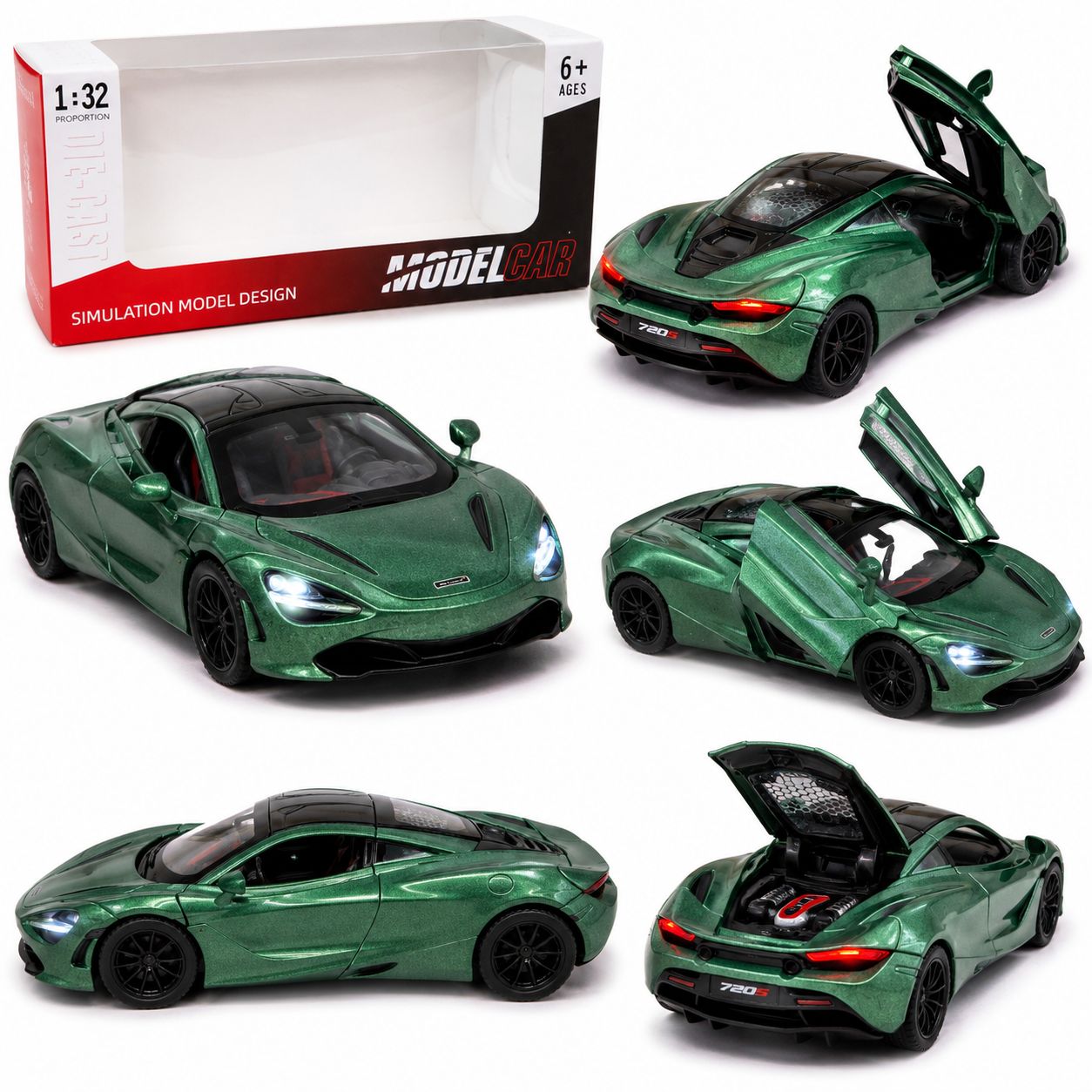 1:32 Die-Cast 720S Sports Car Mclaren Model – Metallic Green Edition with Lights, Sound & Opening Doors