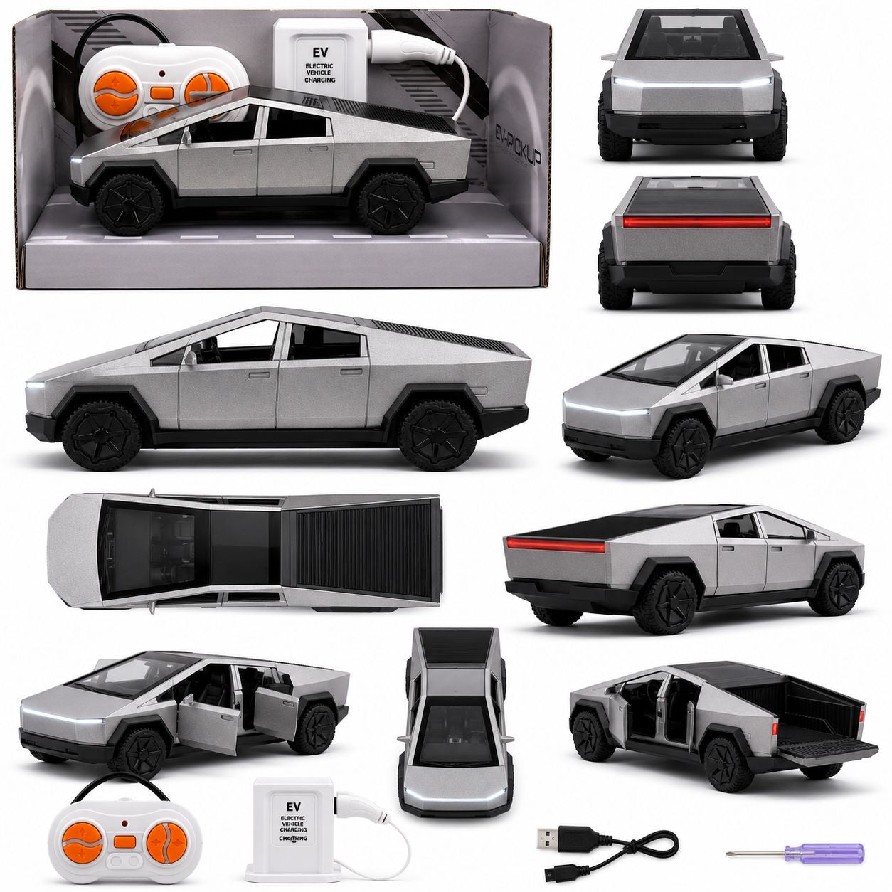RC EV Pickup Truck (Cybertruck Style) with Charging Station Playset