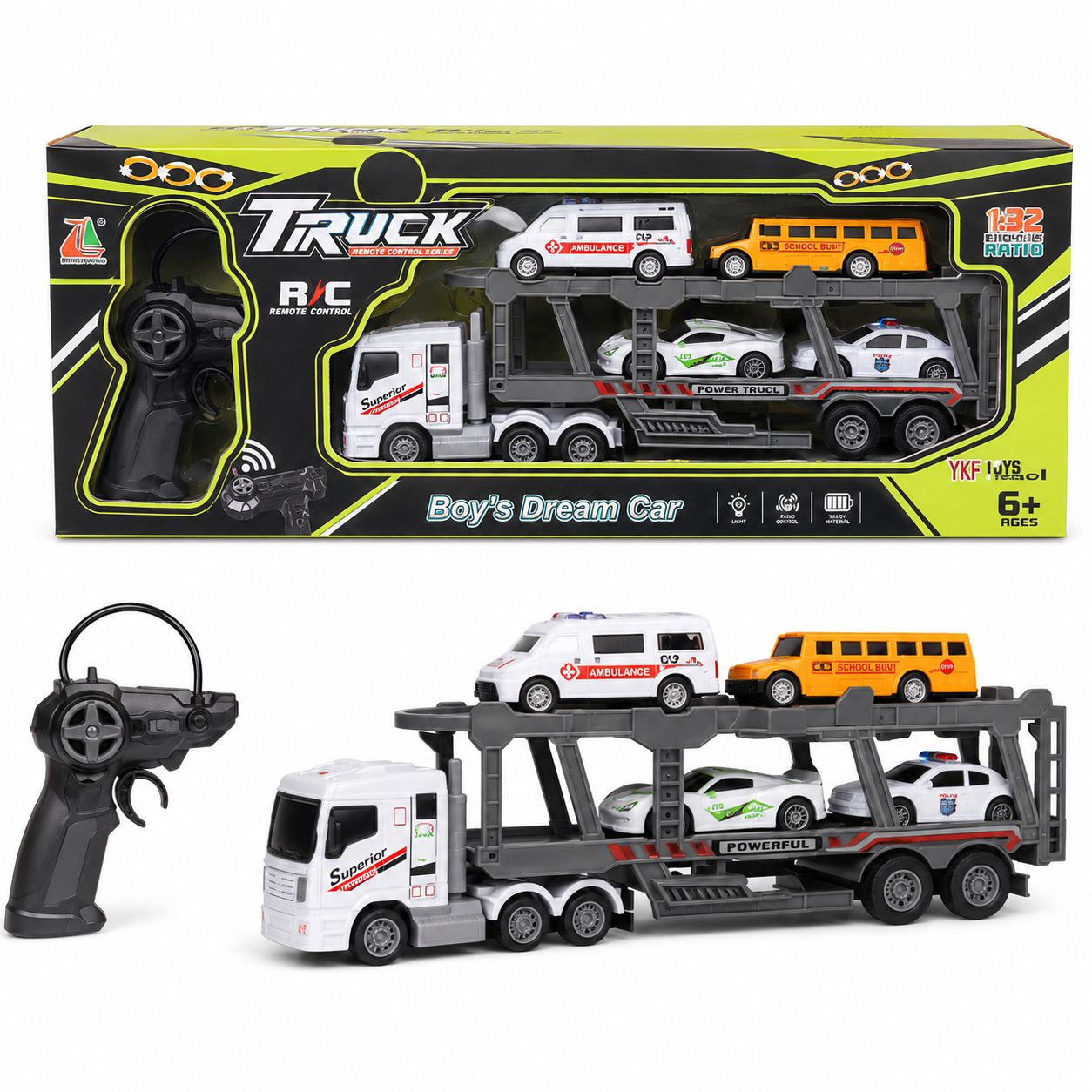 R/C Car Carrier Transport Truck with 4 Mini Vehicles – 1:32 Scale