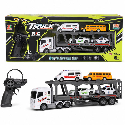 R/C Car Carrier Transport Truck with 4 Mini Vehicles – 1:32 Scale