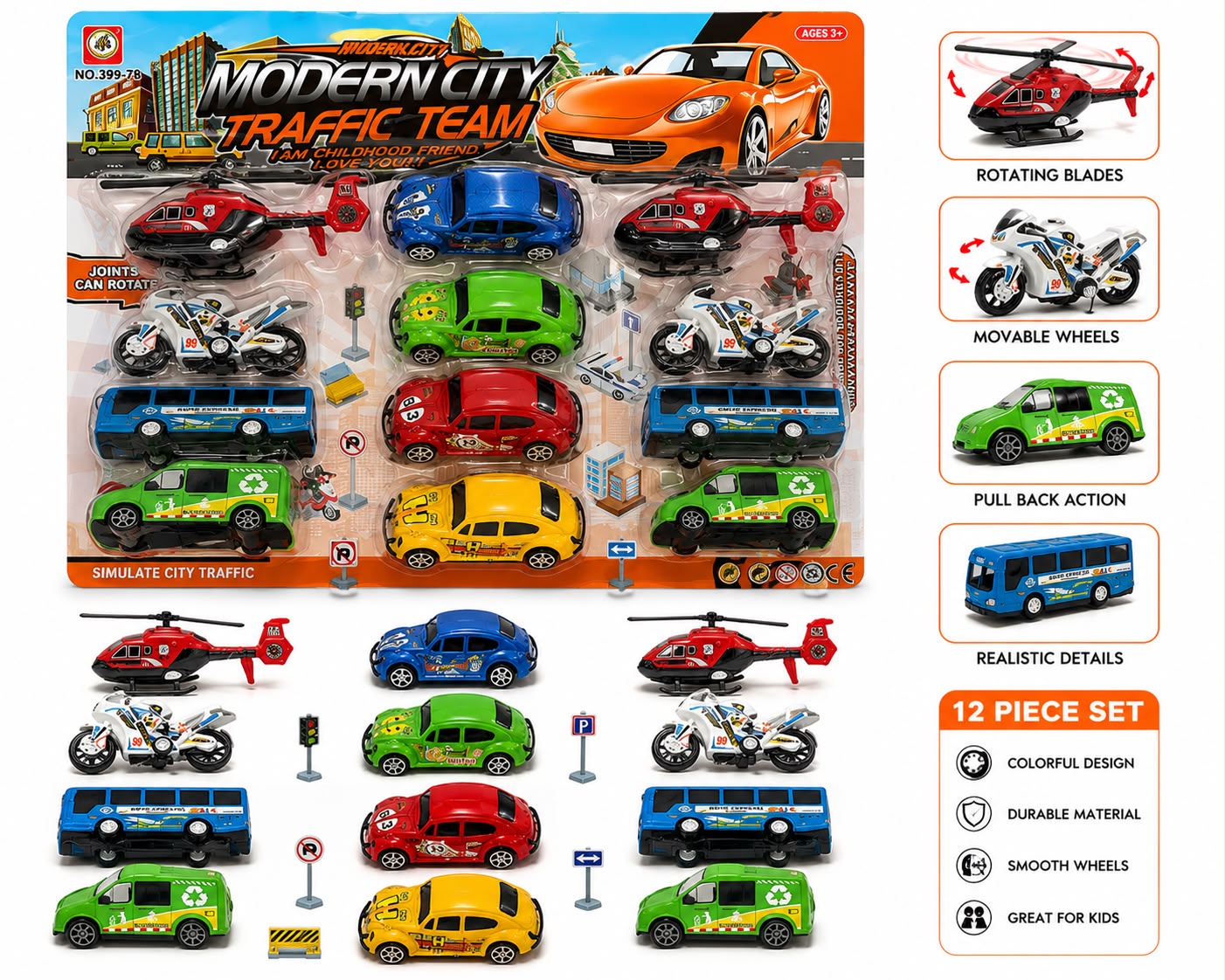 Modern City Traffic Team Vehicle Set (12 Pieces)