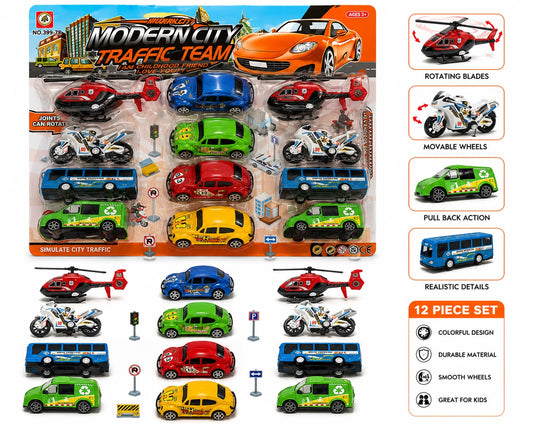 Modern City Traffic Team Vehicle Set (12 Pieces)
