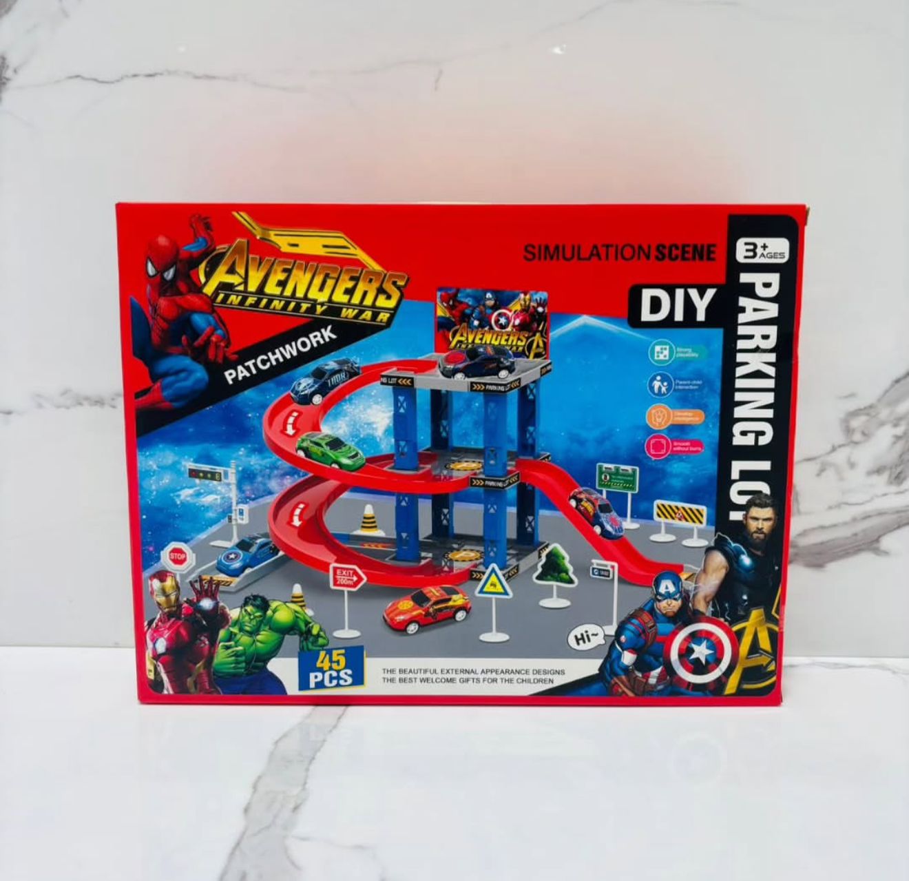 DIY Parking Lot simulation track toy set featuring an Avengers Infinity War theme