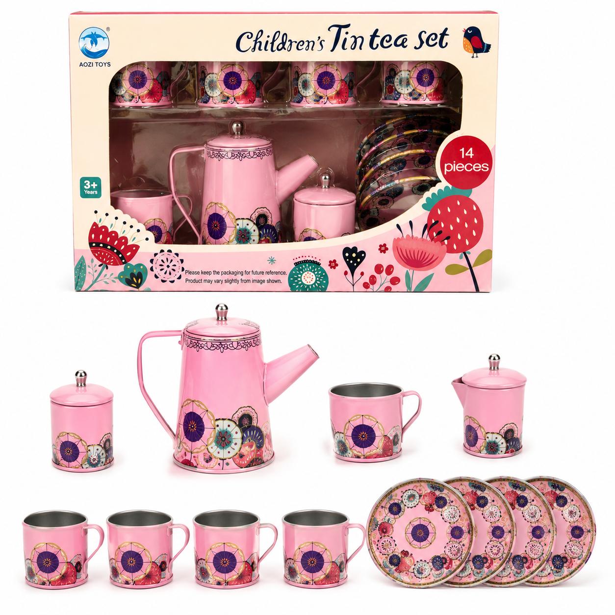 Children’s Tin Tea Set – 14 Piece Floral Tea Party Set